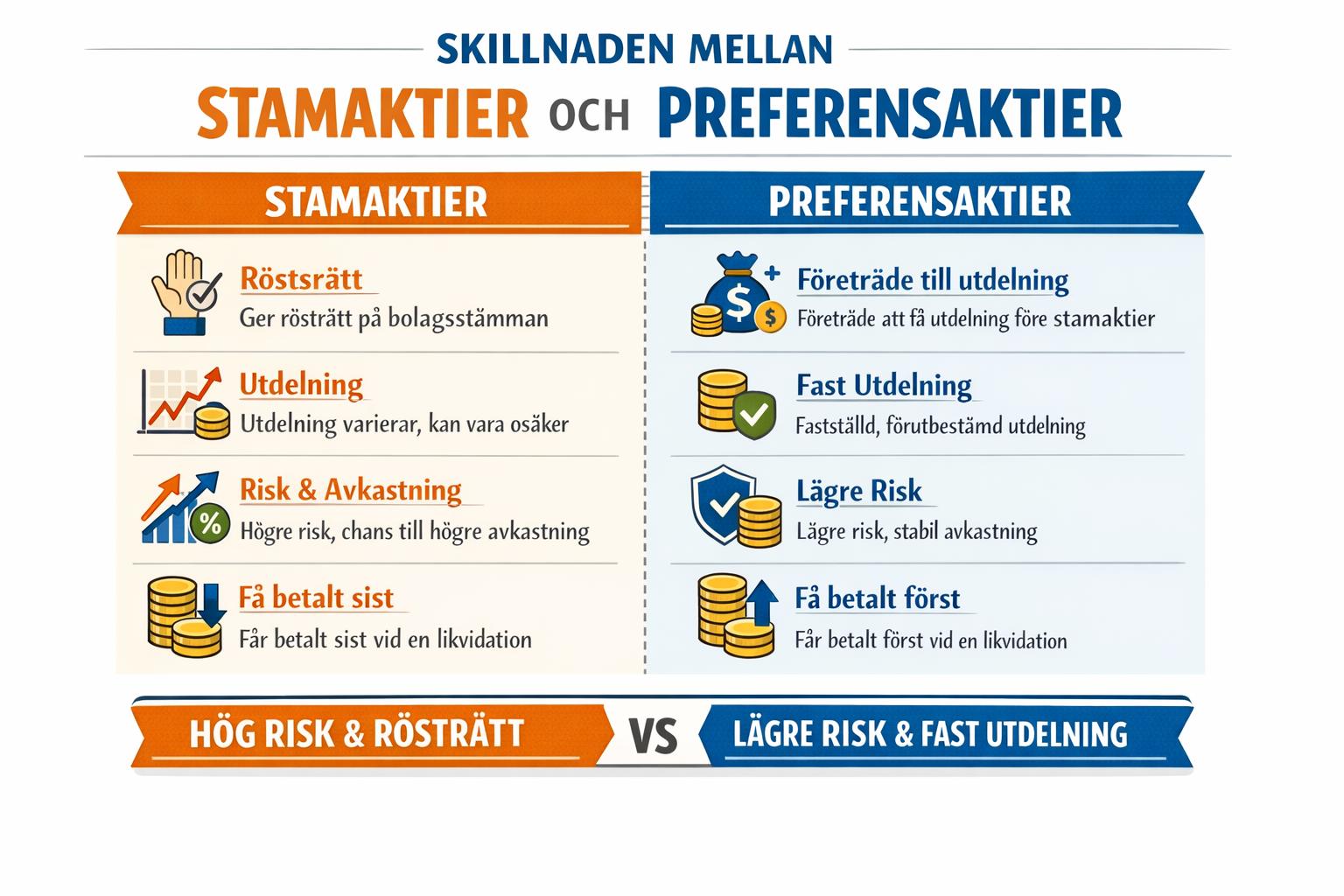 Vad är skillnaden mellan stamaktier och preferensaktier?